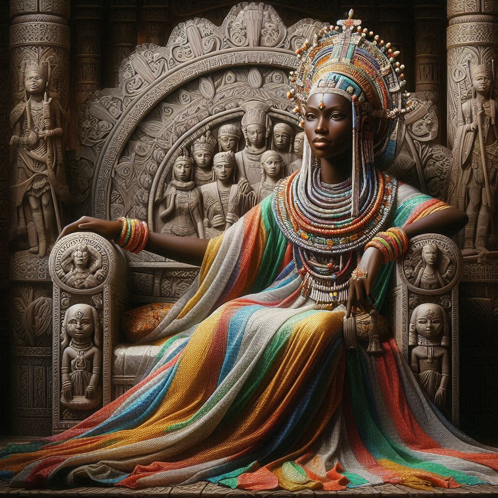 A digital illustration of Queen Daurama of Daura, dressed in traditional royal attire with a regal headpiece, symbolizing her strength and leadership.